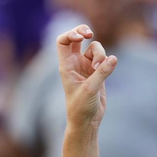 A close up of a young woman's h和 making two-fingered "Go Frogs" h和 sign.